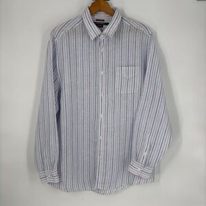 Island Company Mens Large 100% Linen Classic Striped Shirt Blue Pink Long Sleeve